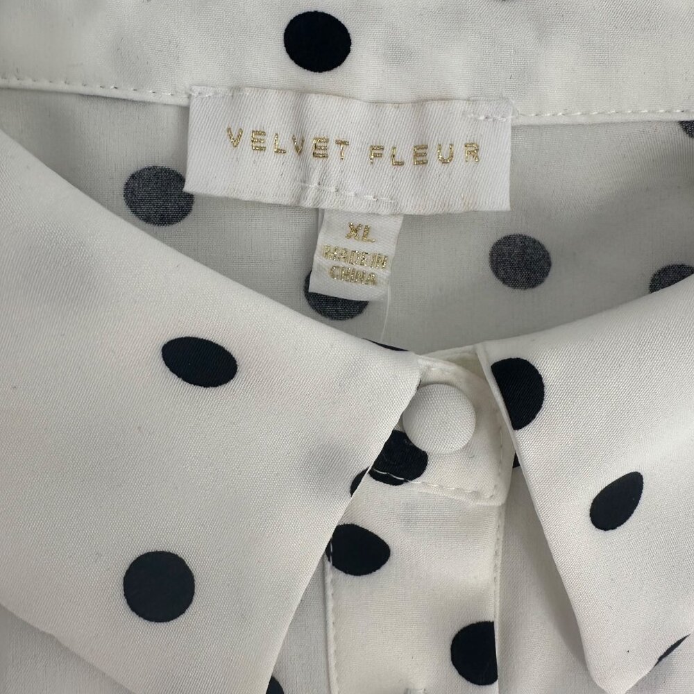 Velvet Fleur Women Polka Dot Blouse XL White Black Tie Front Button Up - Picture 6 of 8